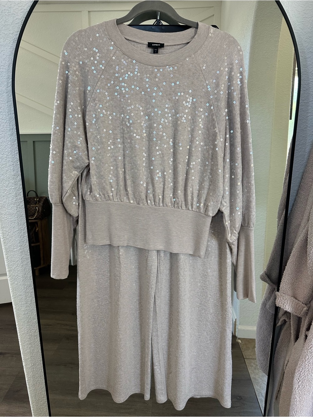 Express Taupe Sequin Wide-Leg Jumpsuit